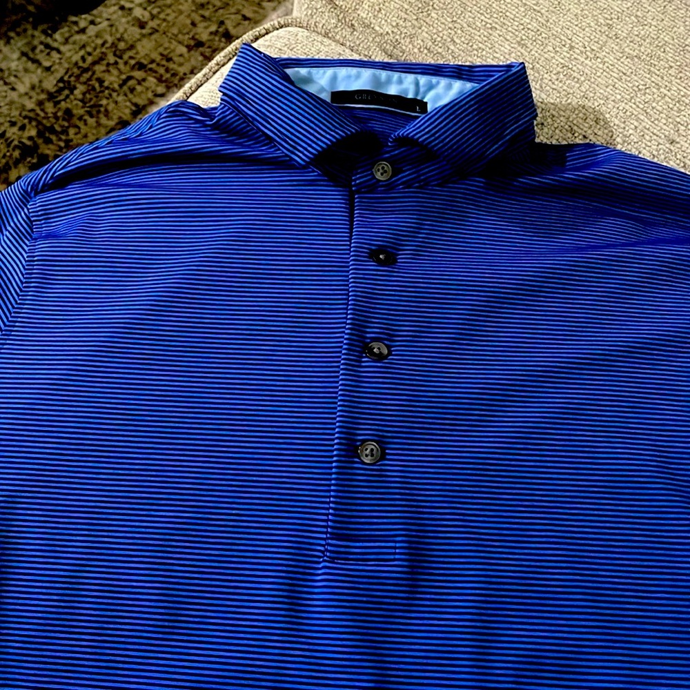 Men’s Greyson polo, royal blue with black pin stripe, size large
